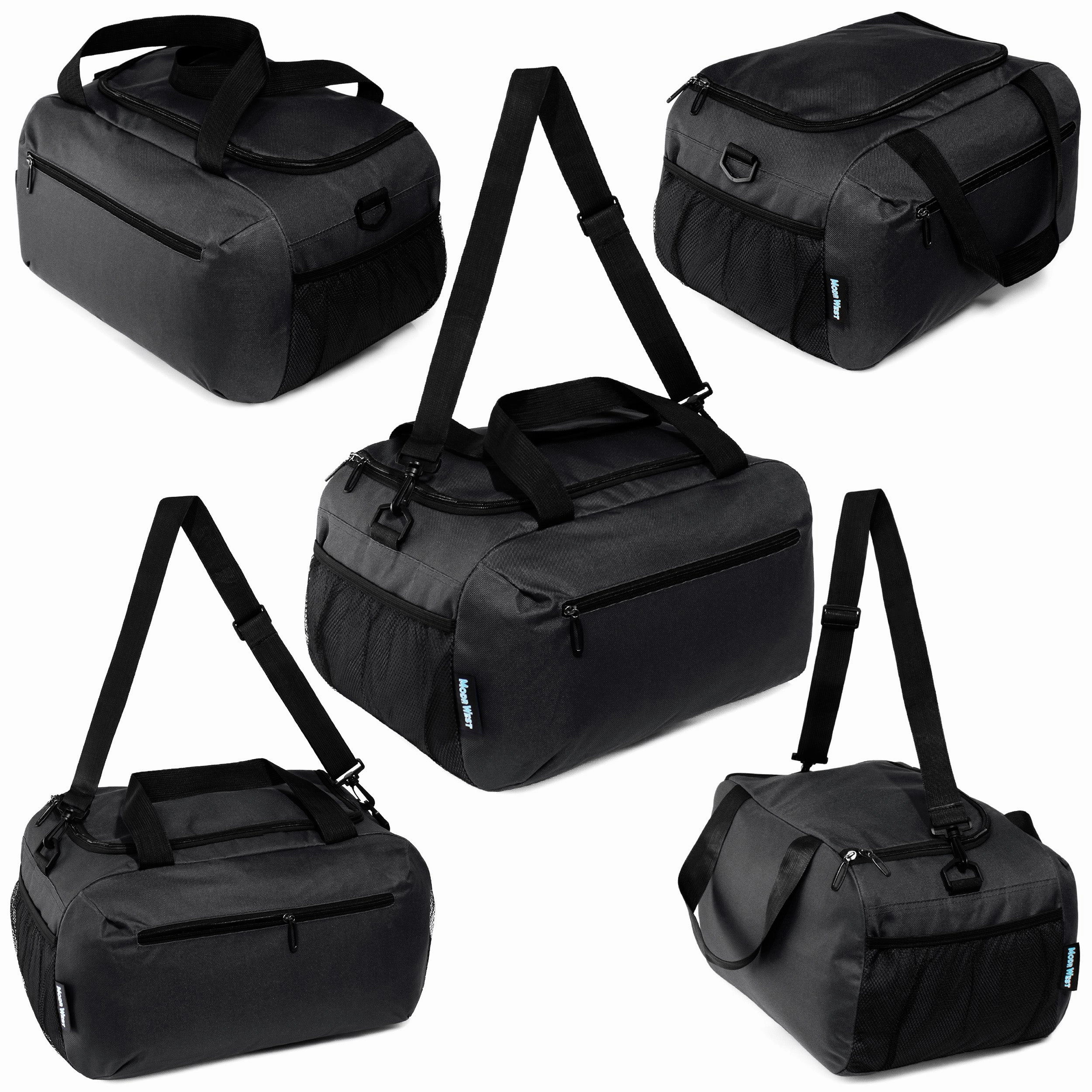 18" Wholesale Duffel Bag in Black with 2 Compartments & Mesh Side Pockets - Bulk Case of 24