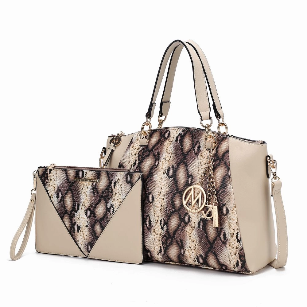 Addison Snake Embossed Vegan Leather Womens Tote Bag with matching Wristlet- 2 pieces
