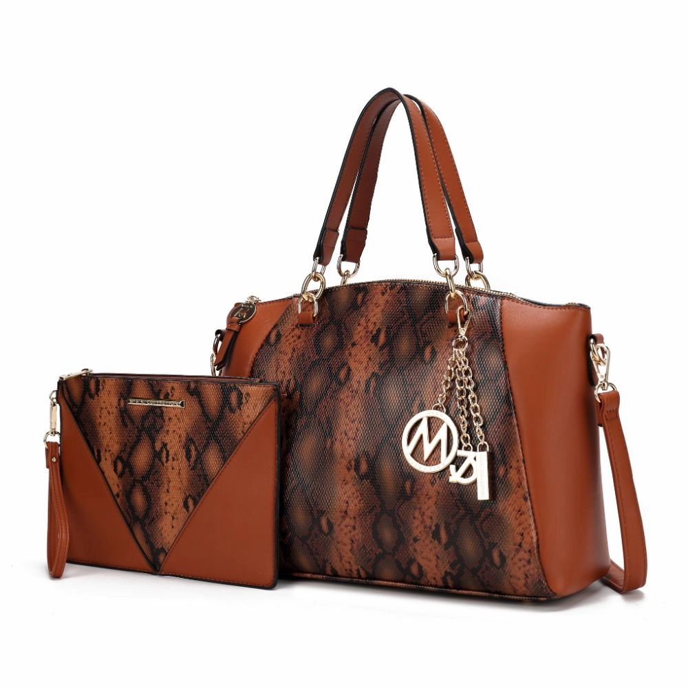 Addison Snake Embossed Vegan Leather Womens Tote Bag with matching Wristlet- 2 pieces