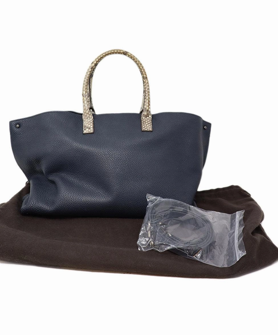 Akris Navy Leather & Taupe Snakeskin Trim Tote