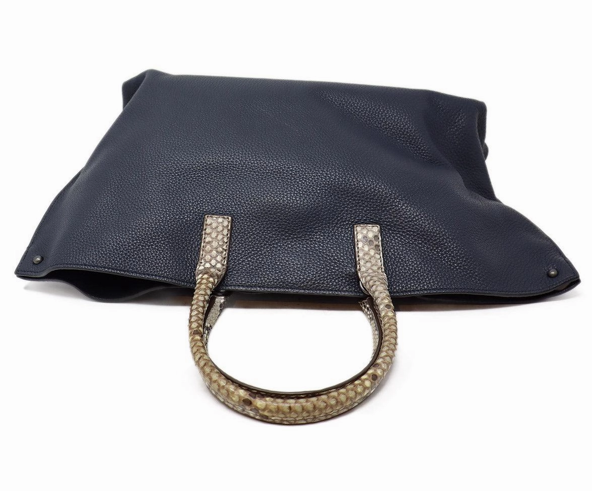 Akris Navy Leather & Taupe Snakeskin Trim Tote