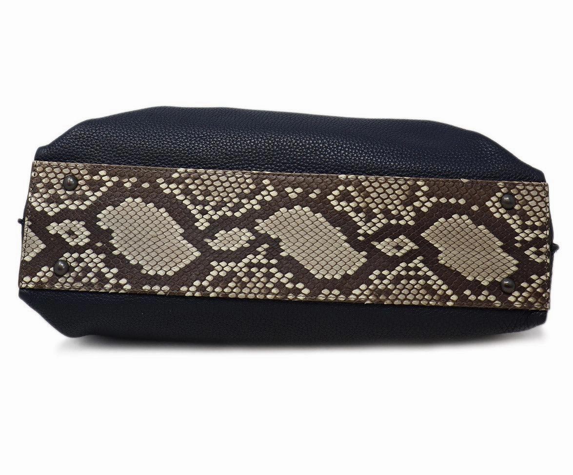 Akris Navy Leather & Taupe Snakeskin Trim Tote