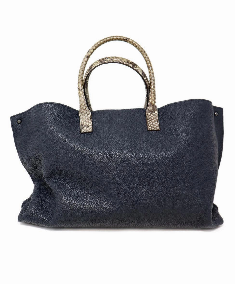 Akris Navy Leather & Taupe Snakeskin Trim Tote
