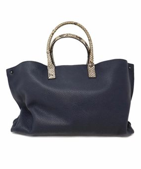 Akris Navy Leather & Taupe Snakeskin Trim Tote