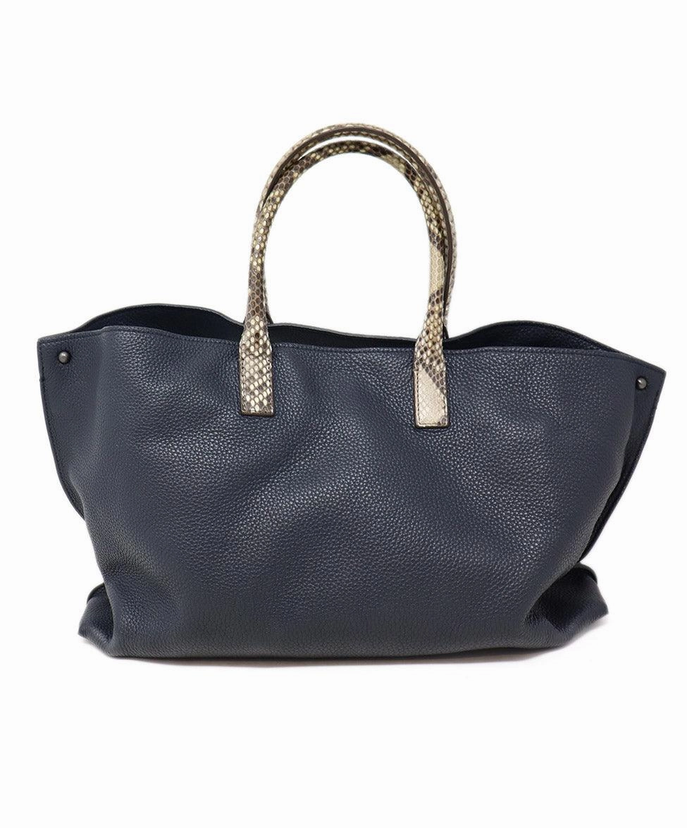 Akris Navy Leather & Taupe Snakeskin Trim Tote