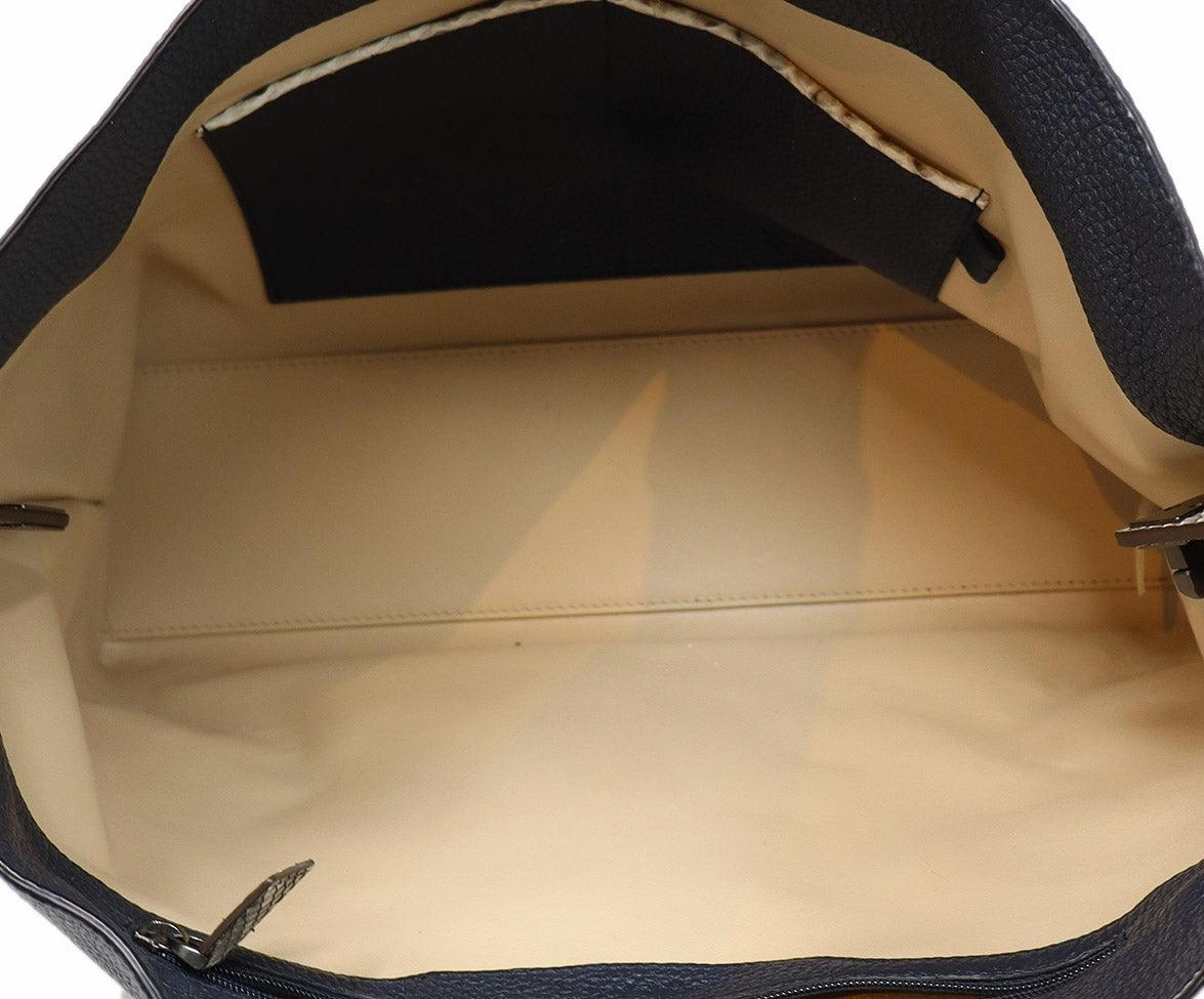 Akris Navy Leather & Taupe Snakeskin Trim Tote