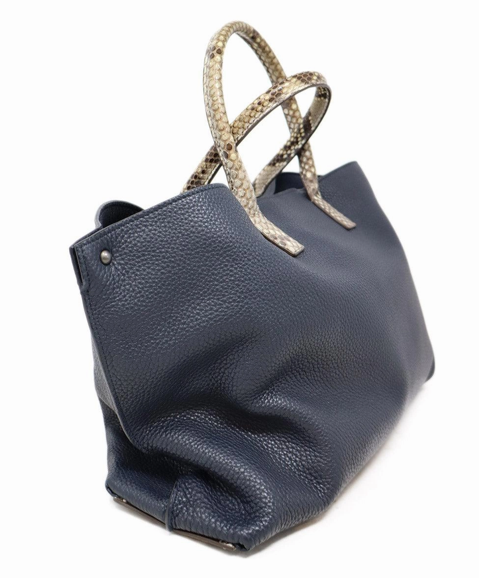 Akris Navy Leather & Taupe Snakeskin Trim Tote