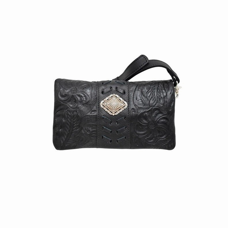 American West Western Handbag Grab N Go Crossbody Black Tooled 7720078 - 8.5 x 5 x 2