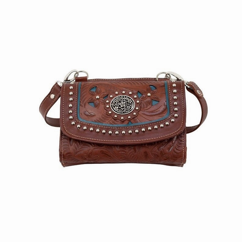 American West Western Handbag Lady Lace Crossbody Leather LCBT982 - 7.5 x 5 x 2.5