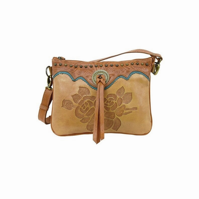 American West Western Handbag Texas Rose Crossbody Natural Tan 8015789 - 9.5 x 7 x 3