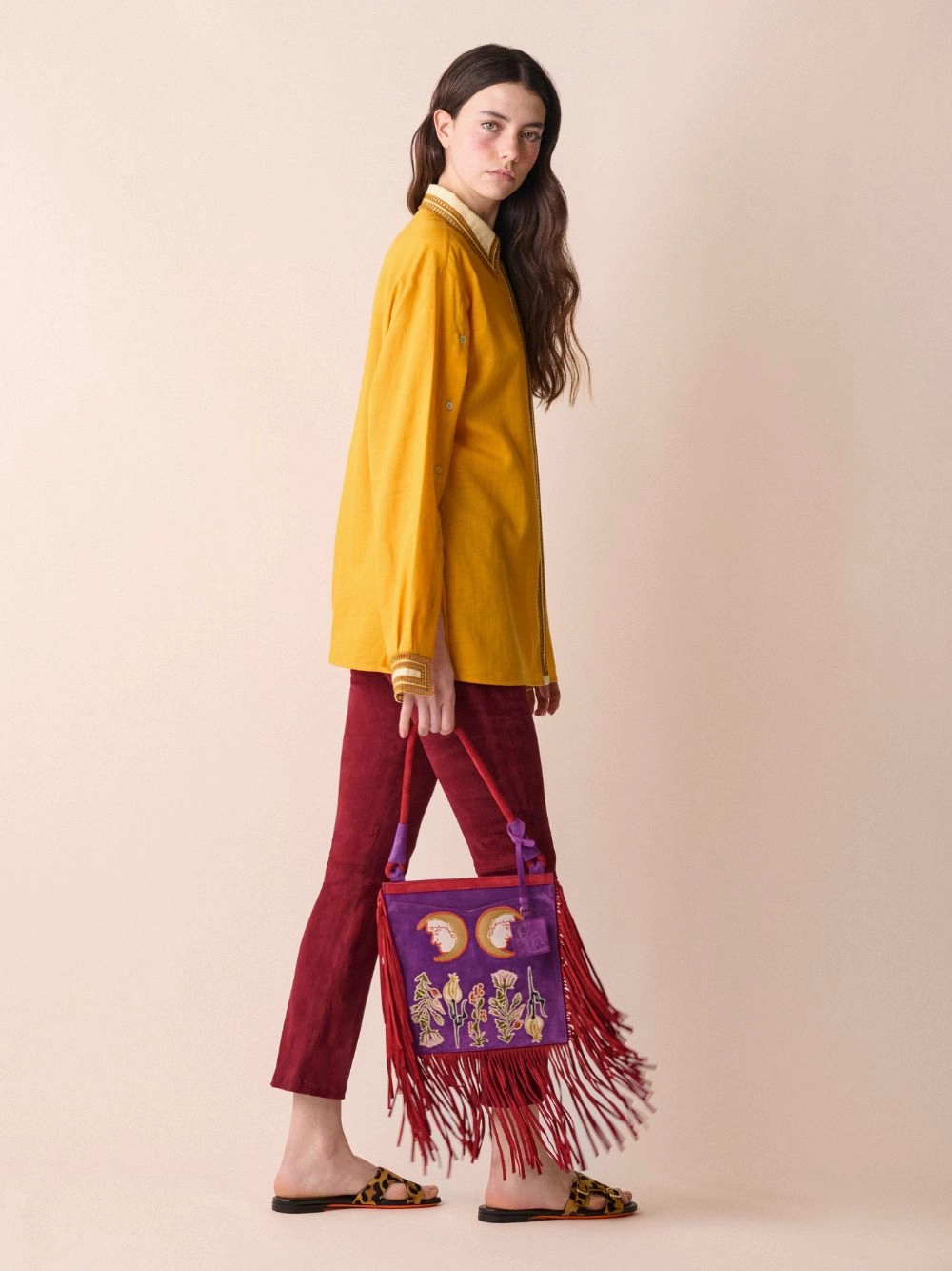 Aquila Embroidered Suede Bag with Fringes