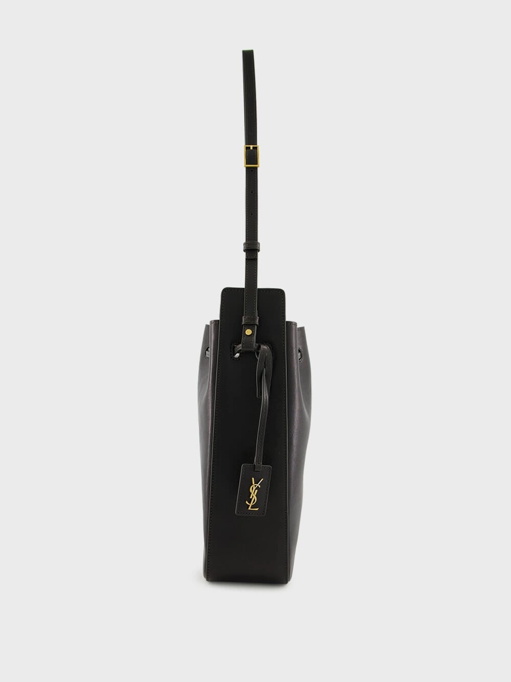 Black Leather Large Bucket Bag with Cassandre Charm
