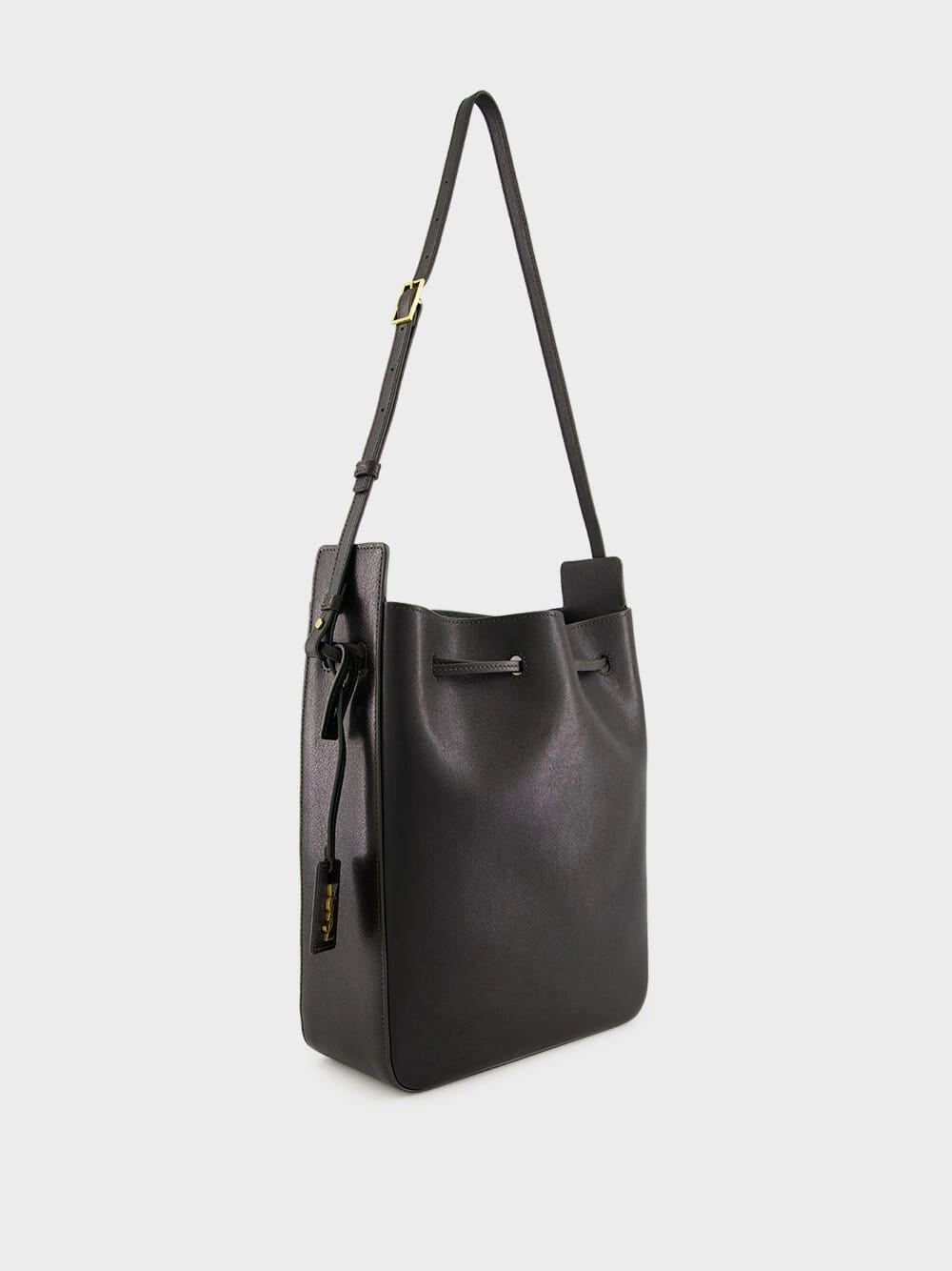 Black Leather Large Bucket Bag with Cassandre Charm