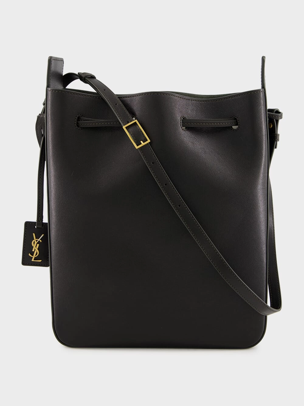 Black Leather Large Bucket Bag with Cassandre Charm