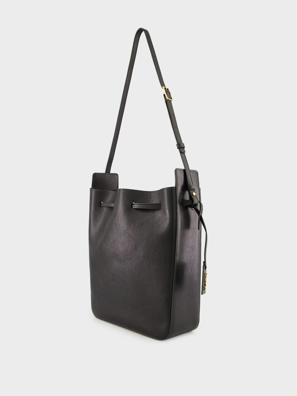 Black Leather Large Bucket Bag with Cassandre Charm