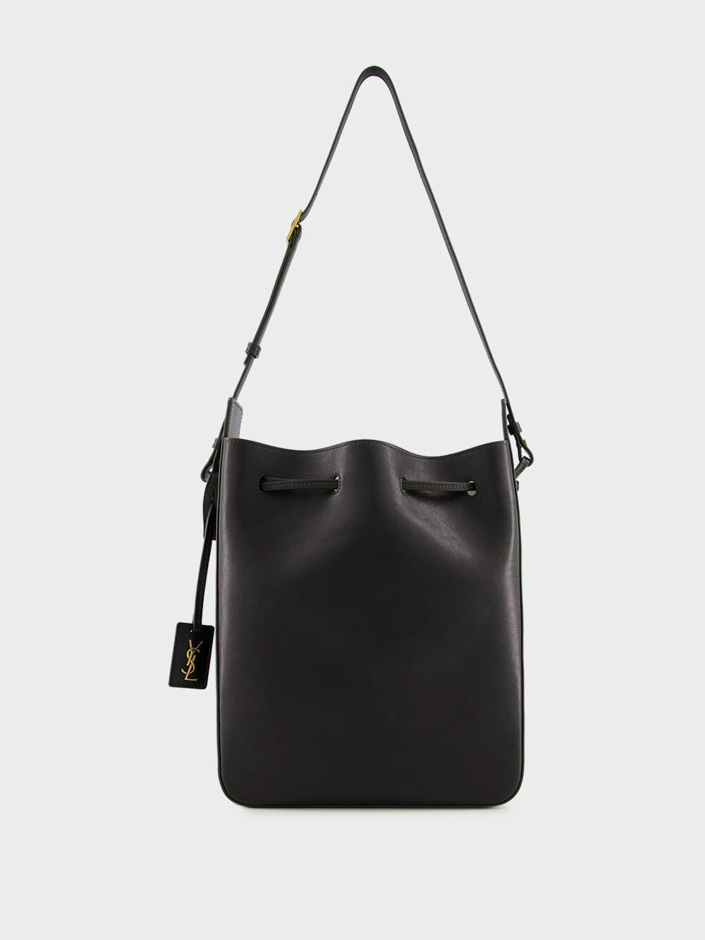 Black Leather Large Bucket Bag with Cassandre Charm