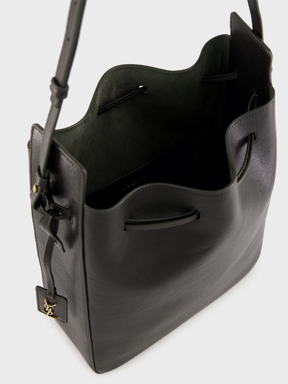 Black Leather Large Bucket Bag with Cassandre Charm