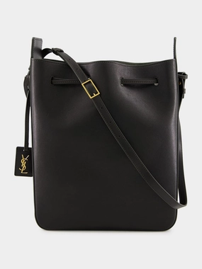 Black Leather Large Bucket Bag with Cassandre Charm