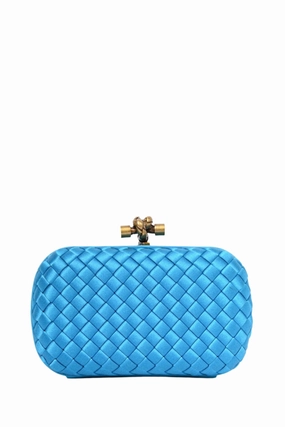 Bottega Veneta Blue Intrecciato Woven Satin Knot Clutch