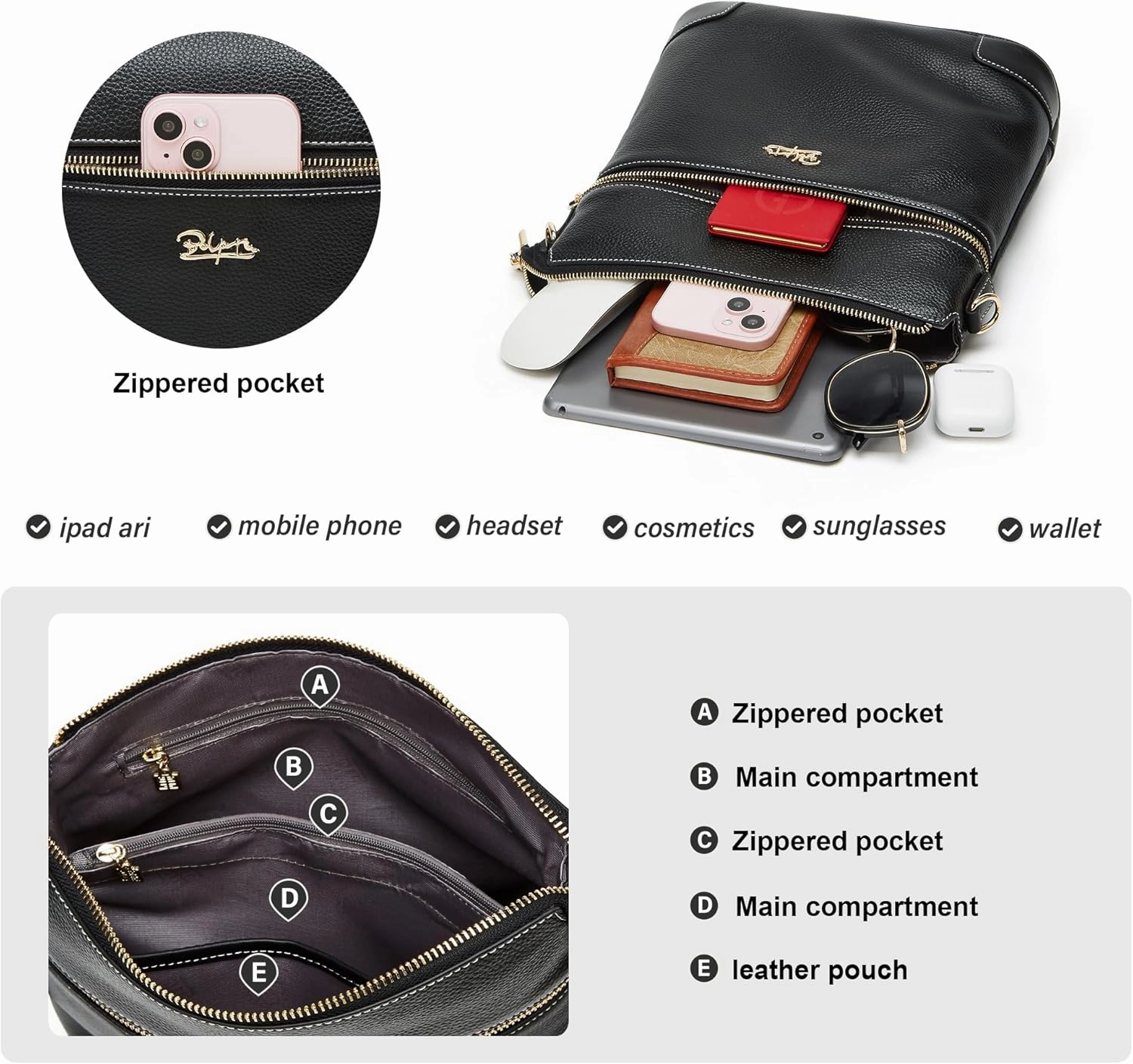 BOYATU Genuine Leather Crossbody Bag Women: Medium Leather Shoulder Purse - Trendy Handbag Travel Adjustable Strap