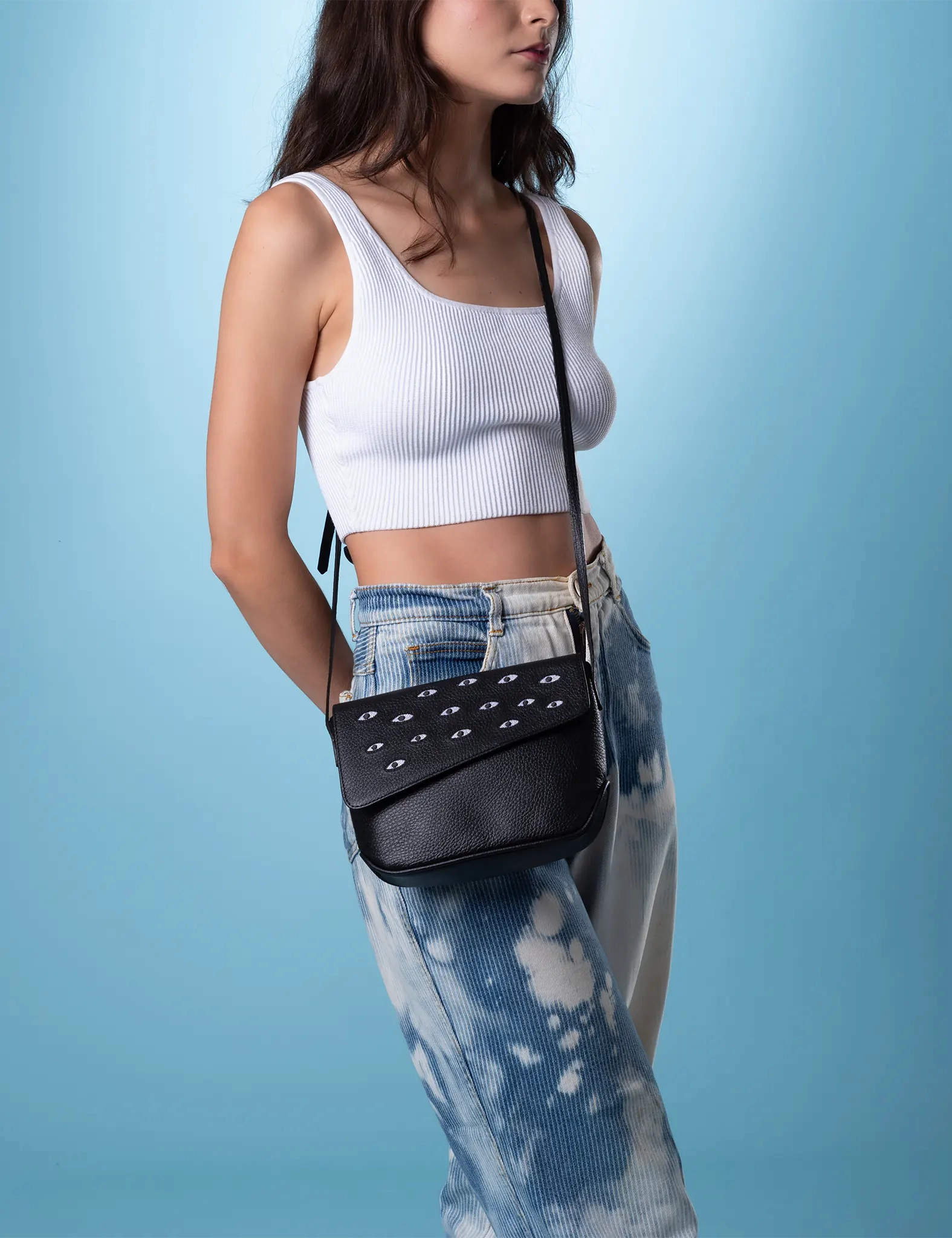 Bruno Mini Crossbody Black Leather Bag - All Over Eyes Embroidery