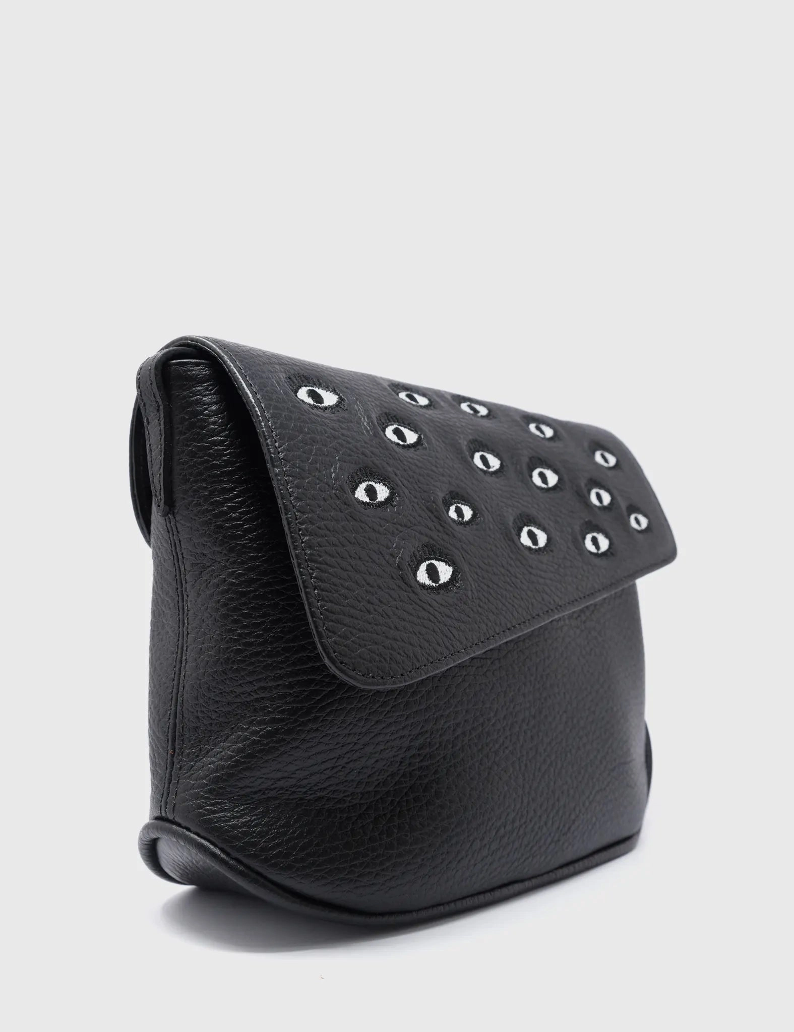Bruno Mini Crossbody Black Leather Bag - All Over Eyes Embroidery