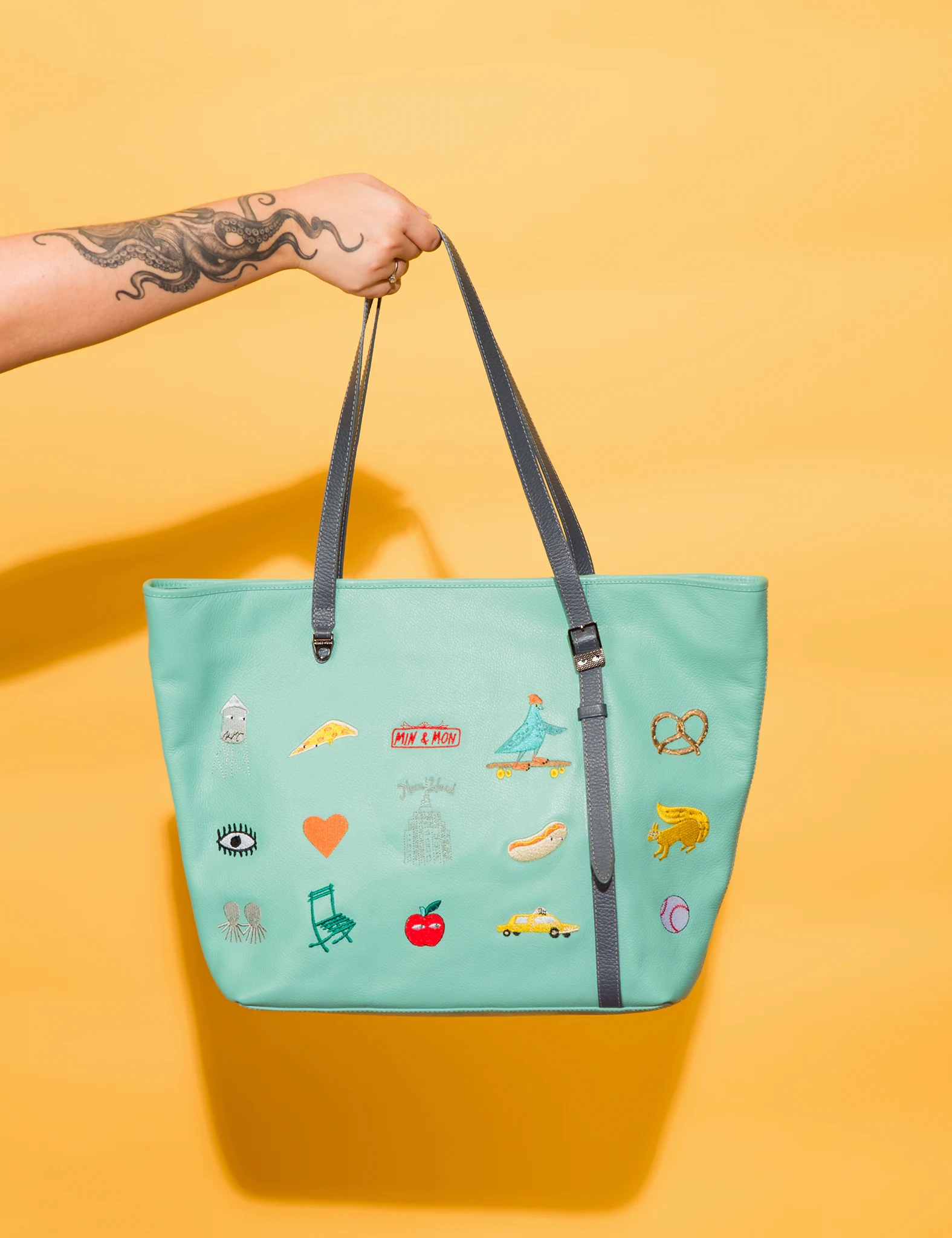 Bruno Oceanic Green Leather Tote Bag - Eye Love New York Embroidery