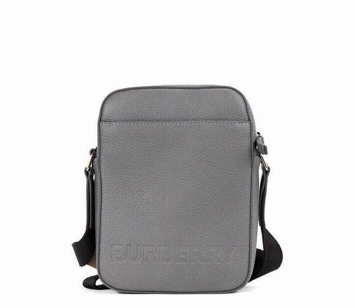 Burberry Thornton Small Grey Embossed Logo Grainy Leather Crossbody Handbag