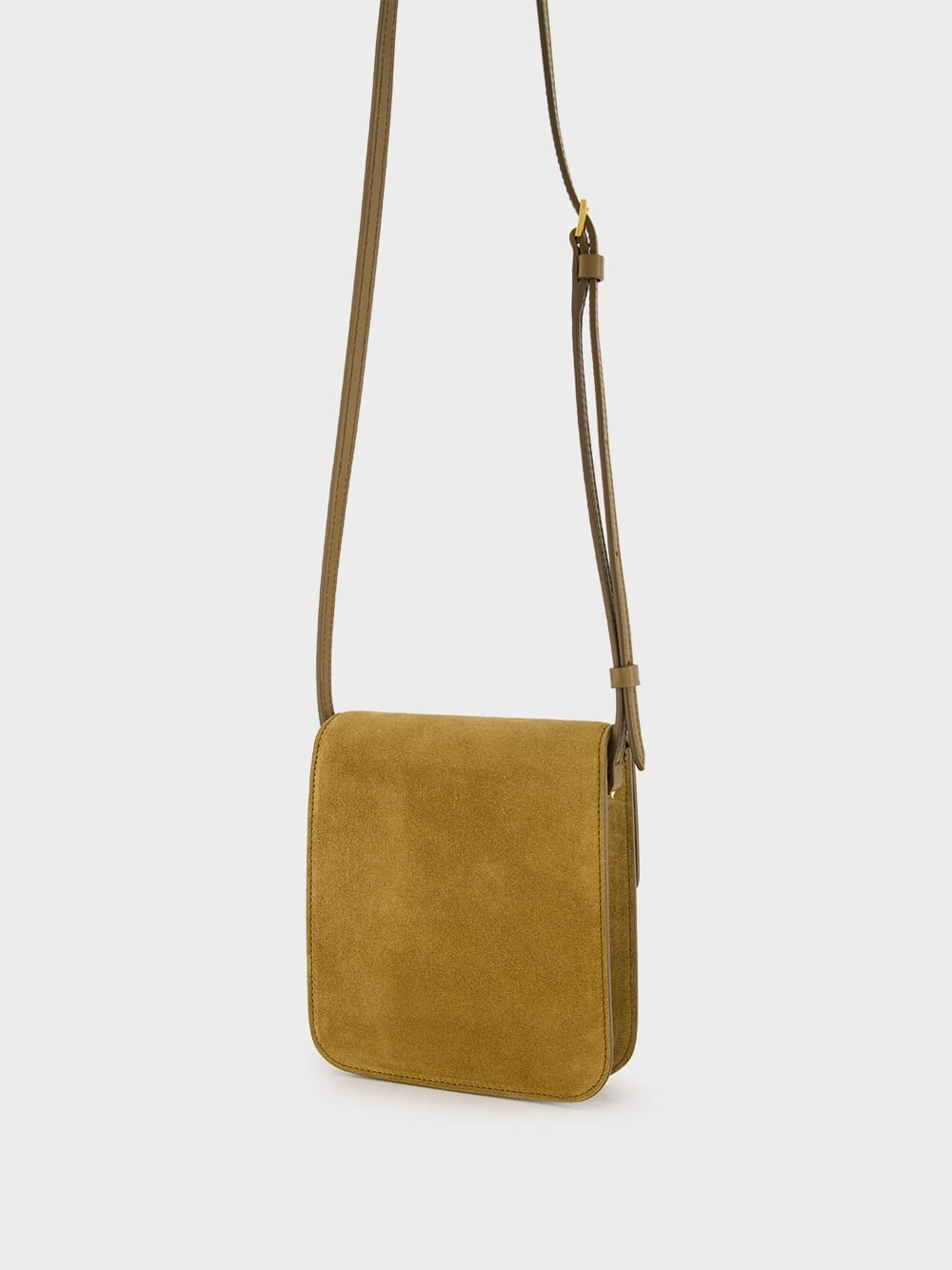 Camel Suede Crossbody Bag with T Hardware