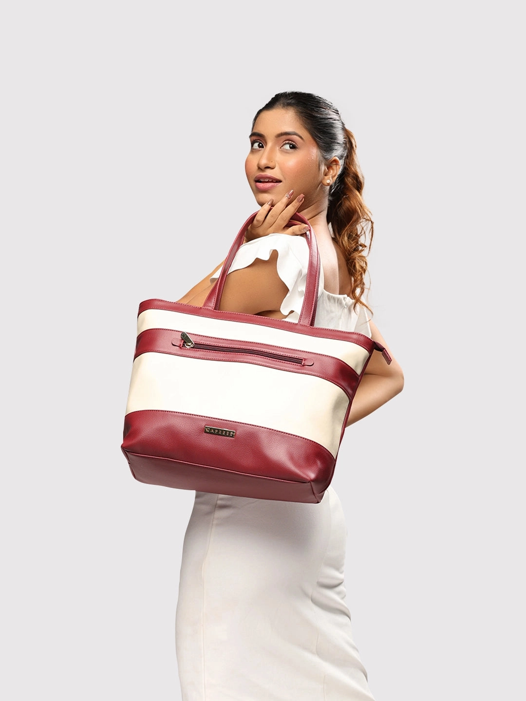 Caprese Marciano Medium Striped MaroonTote Bag