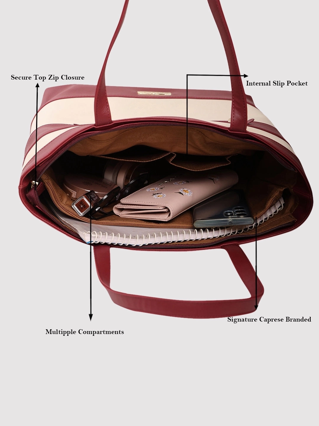 Caprese Marciano Medium Striped MaroonTote Bag