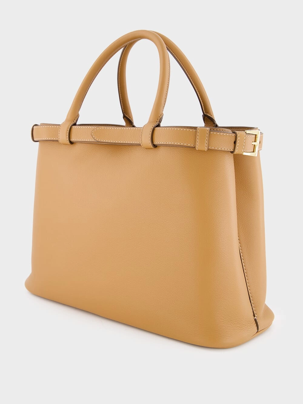 Caramel Medium Leather Handbag with Double Belt
