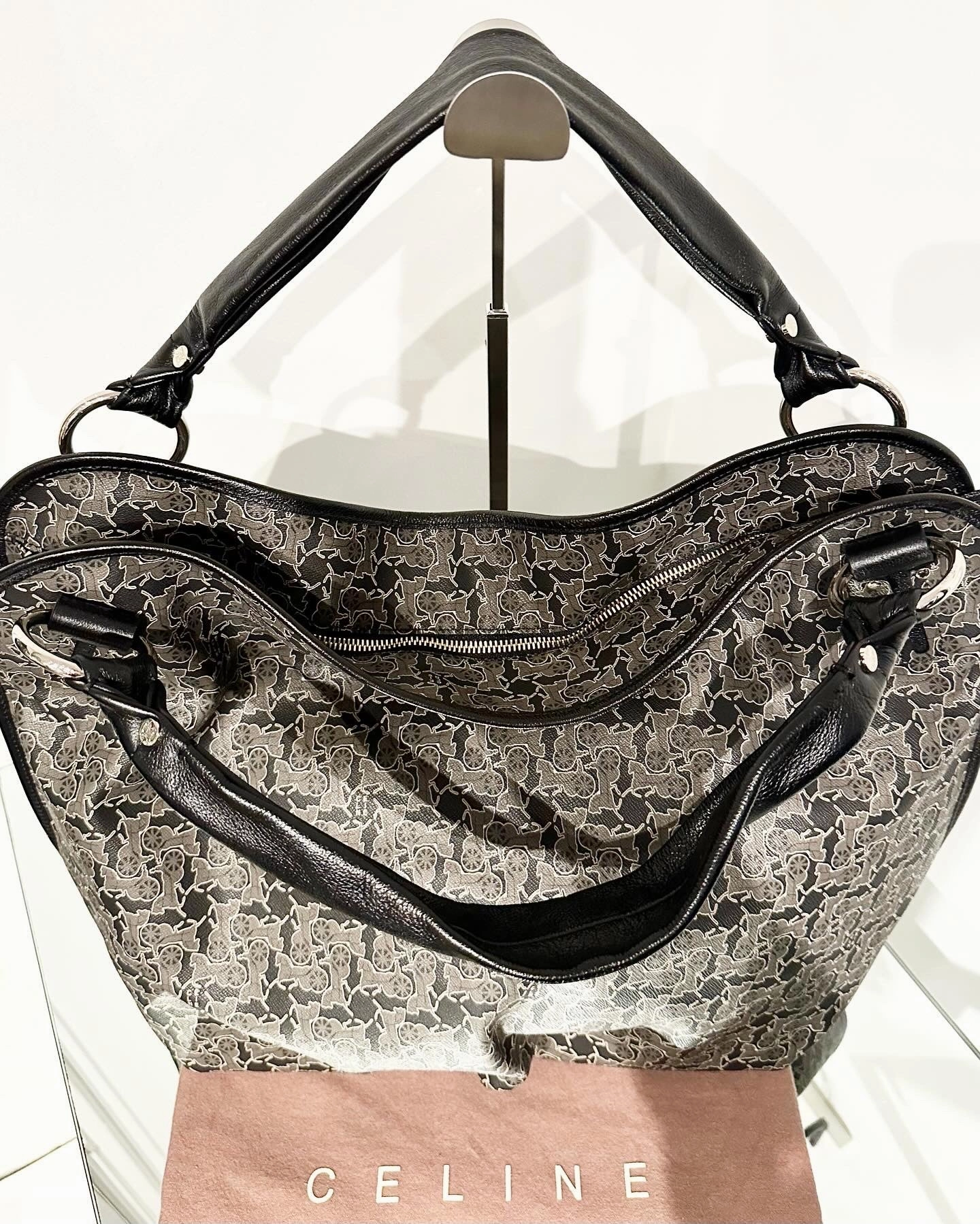 CELINE Bittersweet Horse Carriage Print Large Canvas Leather Shoulder Handle Bag