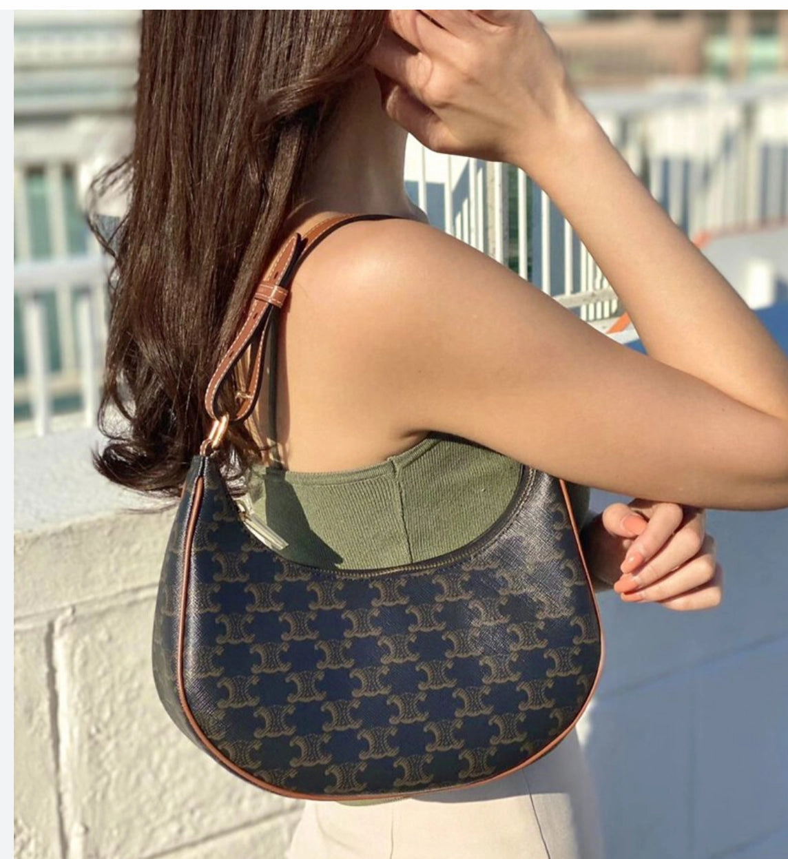 CELINE Tan Ava Bag in Triomphe Canvas and Calfskin Shoulder Bag (New)