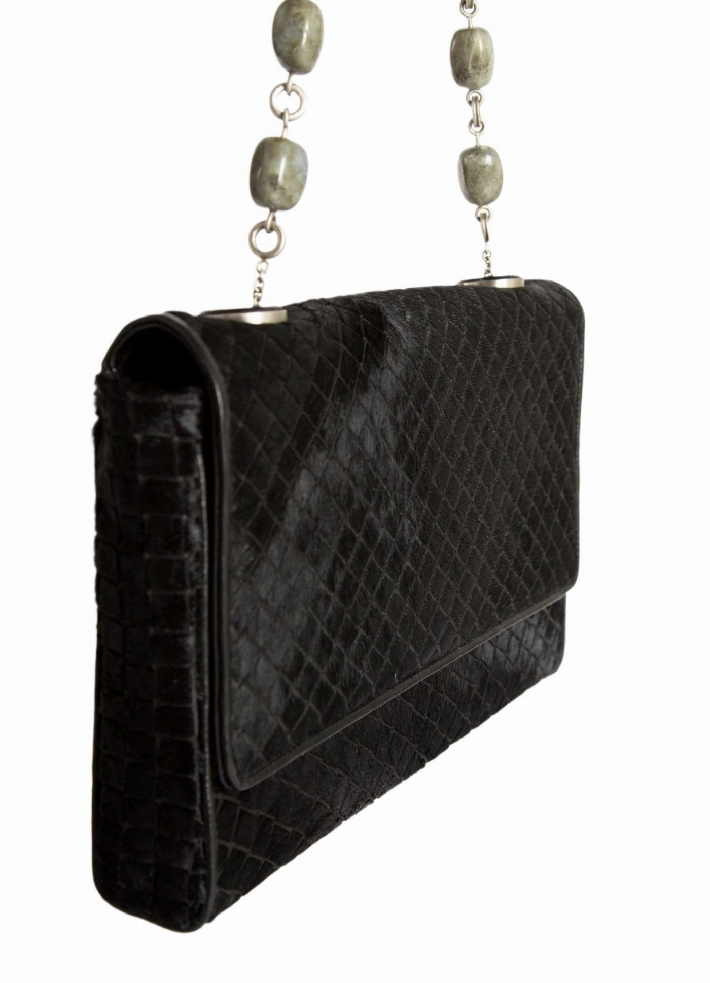 Chain & Jewel Shoulder Bag - Black Embossed Haircalf, Agate