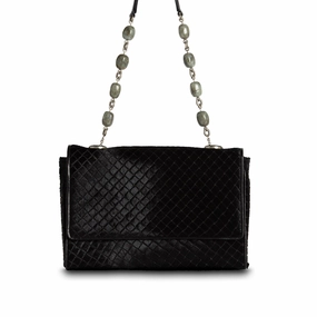 Chain & Jewel Shoulder Bag - Black Embossed Haircalf, Agate