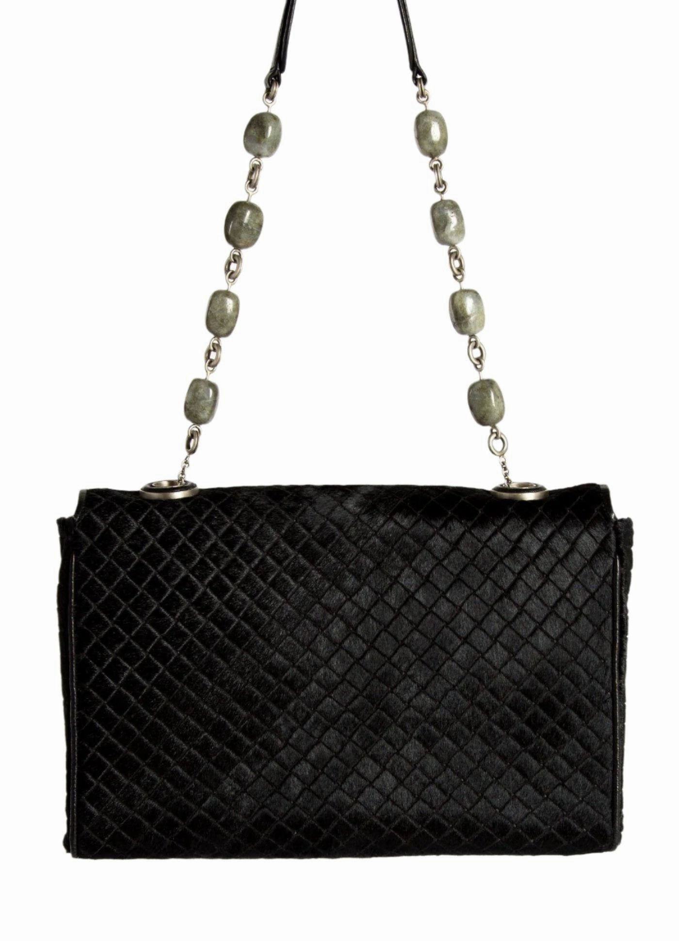 Chain & Jewel Shoulder Bag - Black Embossed Haircalf, Agate