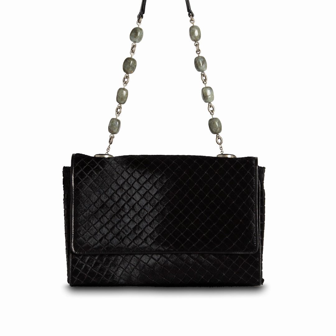 Chain & Jewel Shoulder Bag - Black Embossed Haircalf, Agate