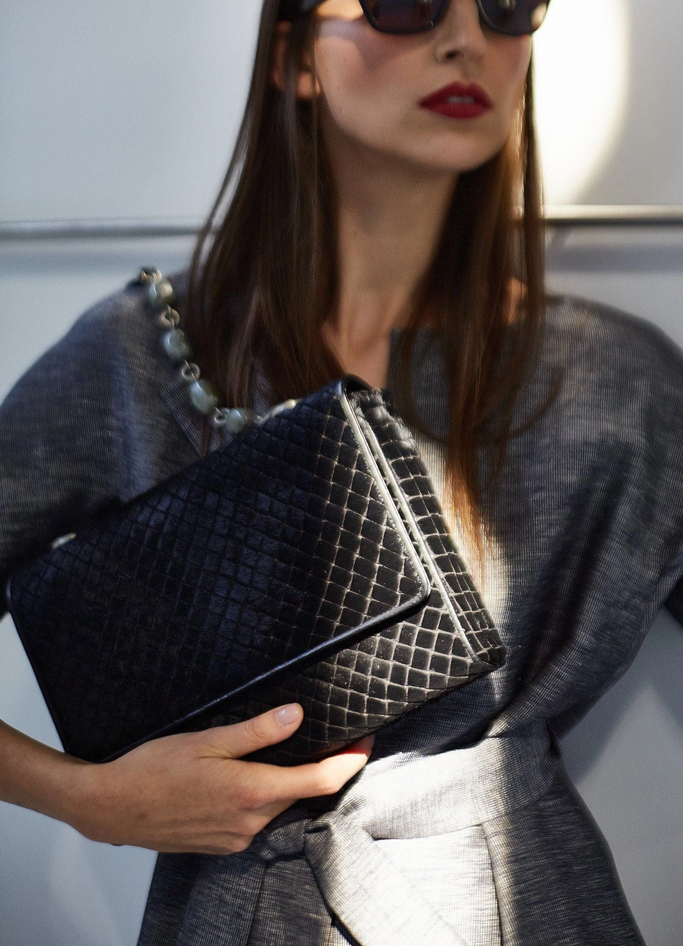 Chain & Jewel Shoulder Bag - Black Embossed Haircalf, Agate