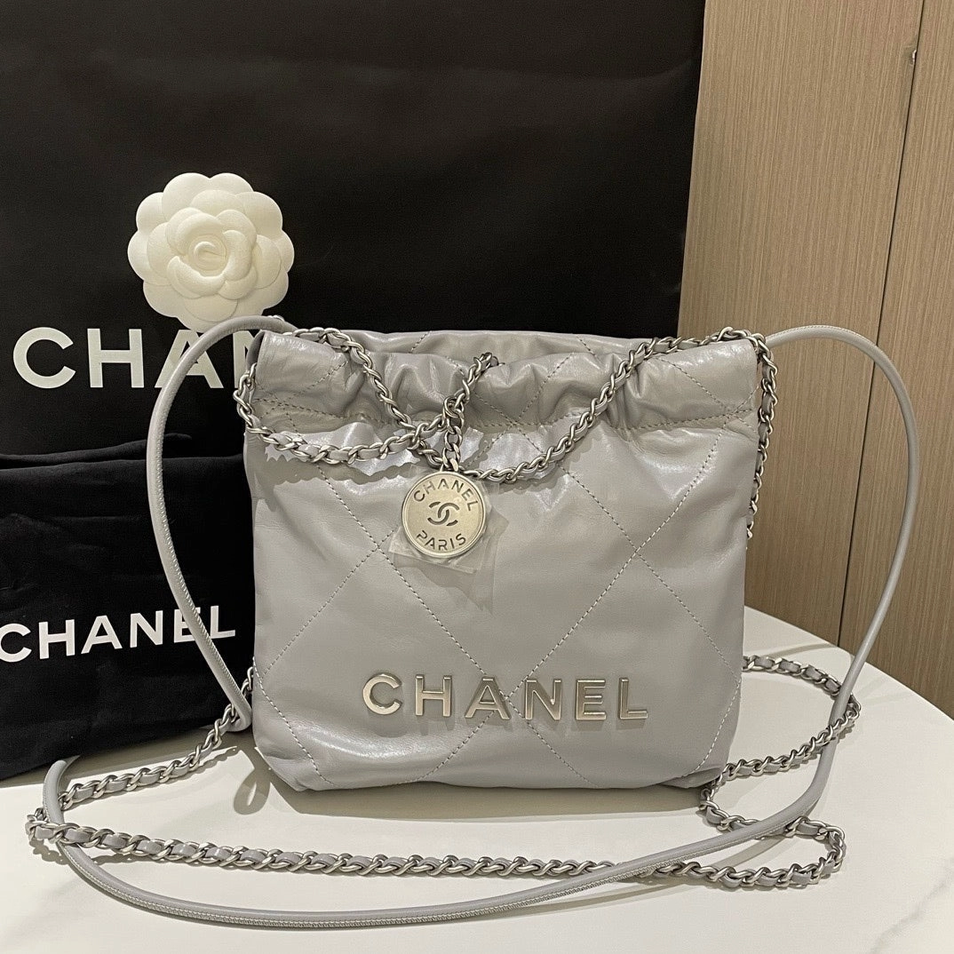 Chanel 22 Mini Bag Gray Leather Shoulder Bag with Chain Strap