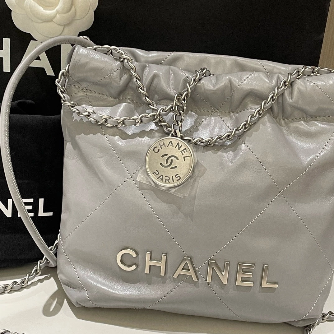 Chanel 22 Mini Bag Gray Leather Shoulder Bag with Chain Strap