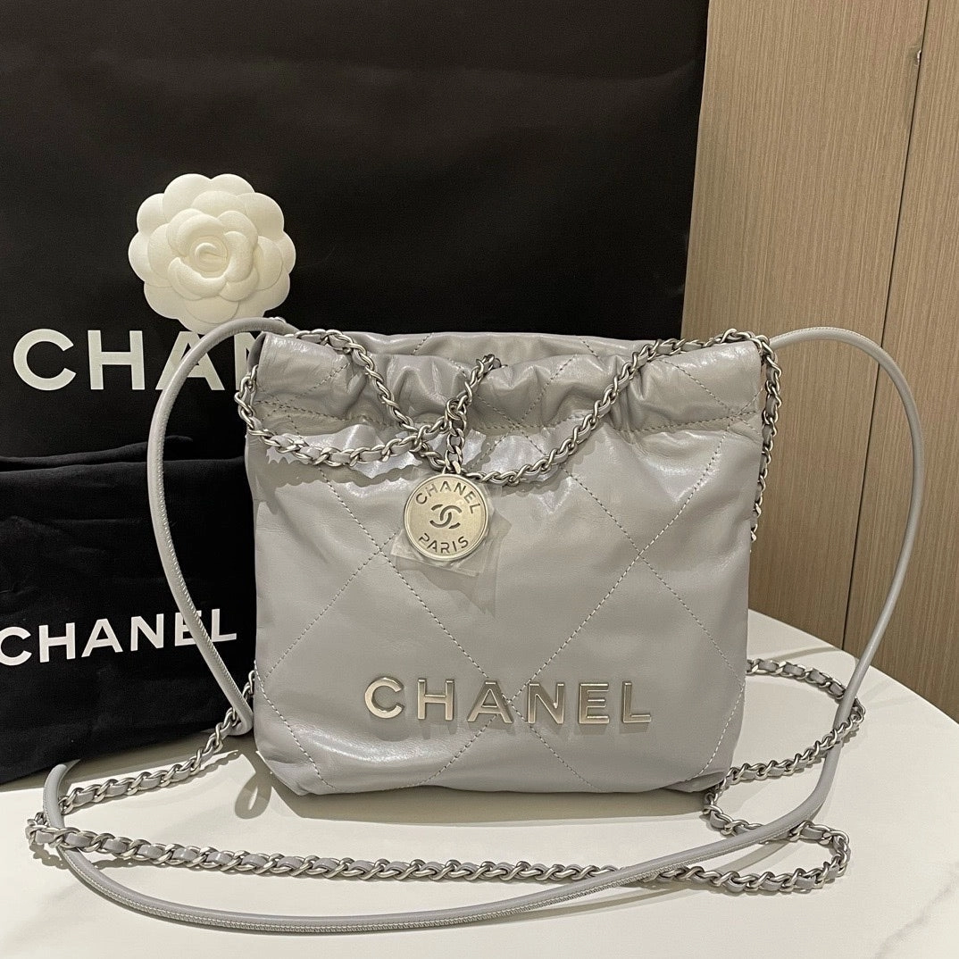 Chanel 22 Mini Bag Gray Leather Shoulder Bag with Chain Strap