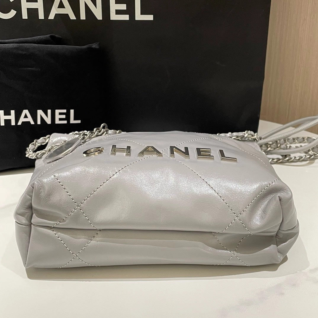 Chanel 22 Mini Bag Gray Leather Shoulder Bag with Chain Strap