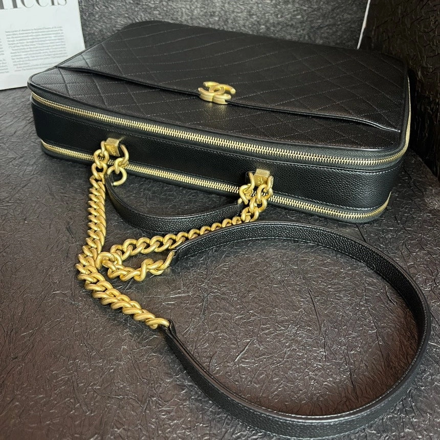 Chanel Black Gold Quilted Leather Shoulder Bag Medium