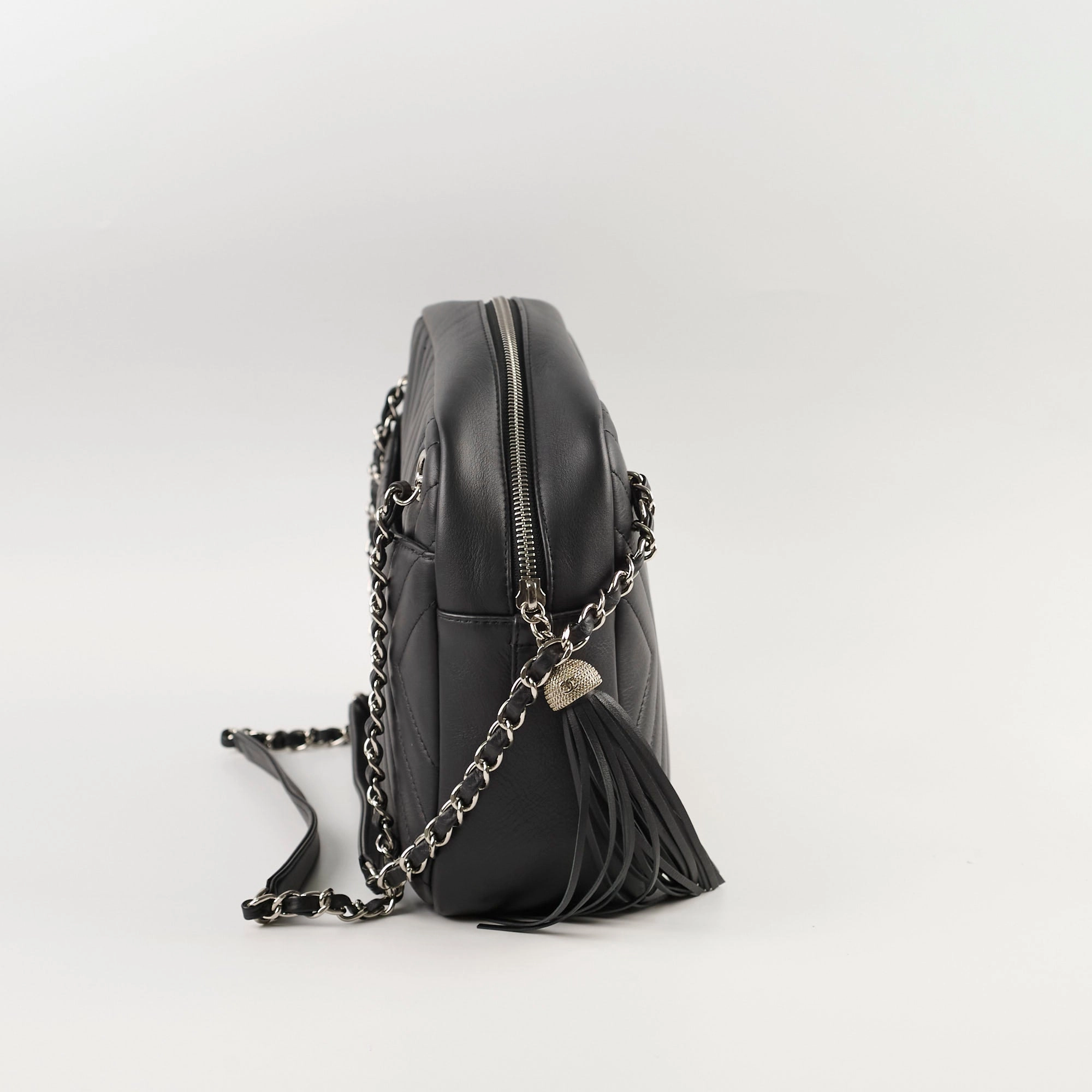 Chanel Diagonal Chevron Quilted Tassel Camera Bag Black