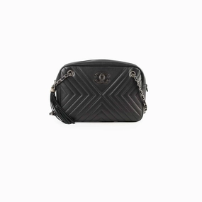 Chanel Diagonal Chevron Quilted Tassel Camera Bag Black