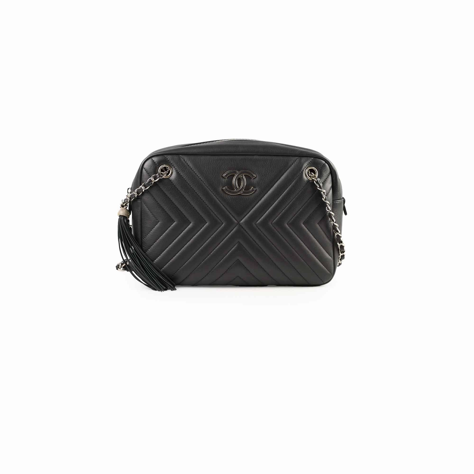 Chanel Diagonal Chevron Quilted Tassel Camera Bag Black