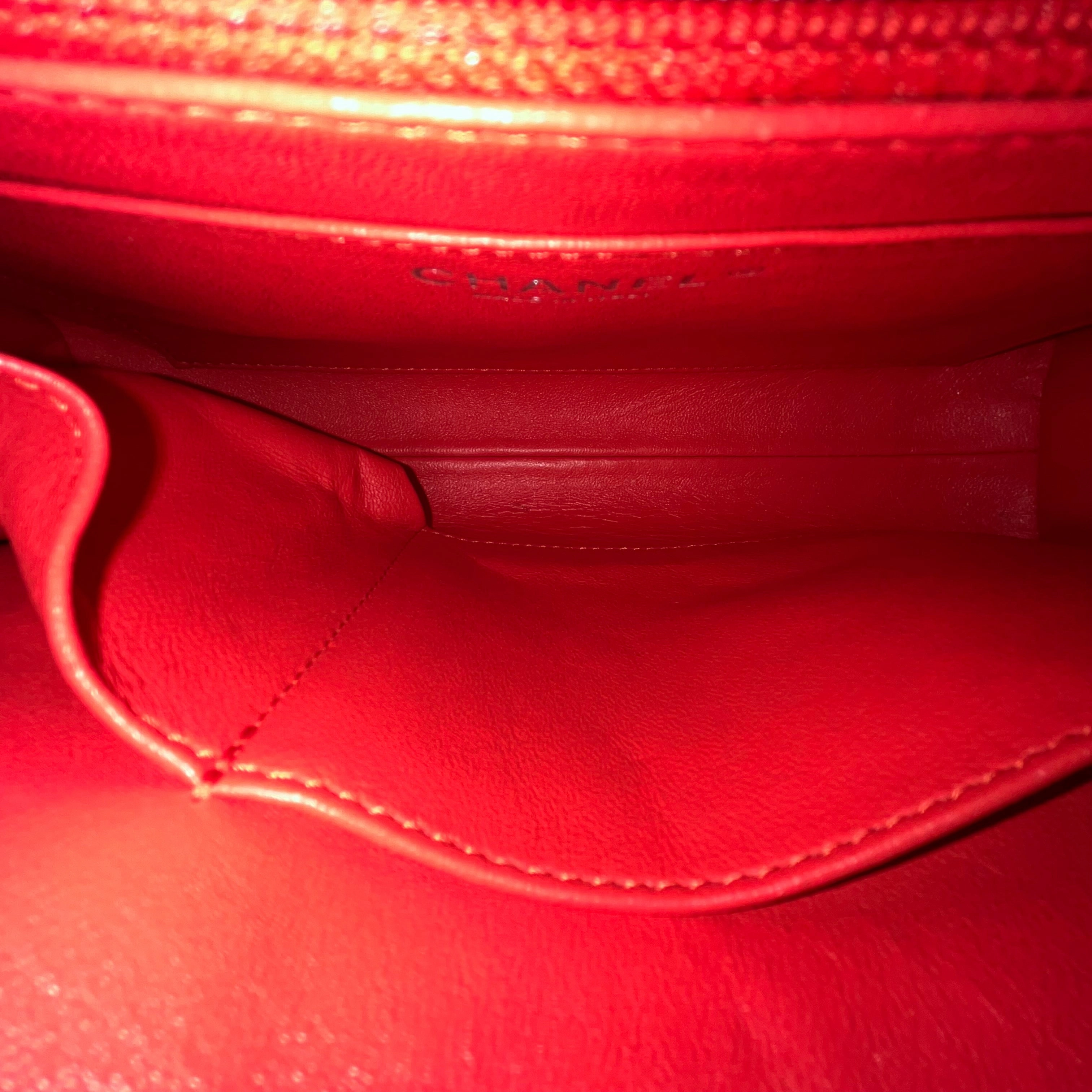 CHANEL Geometric Medium Red Lambskin Quilted Flap Bag