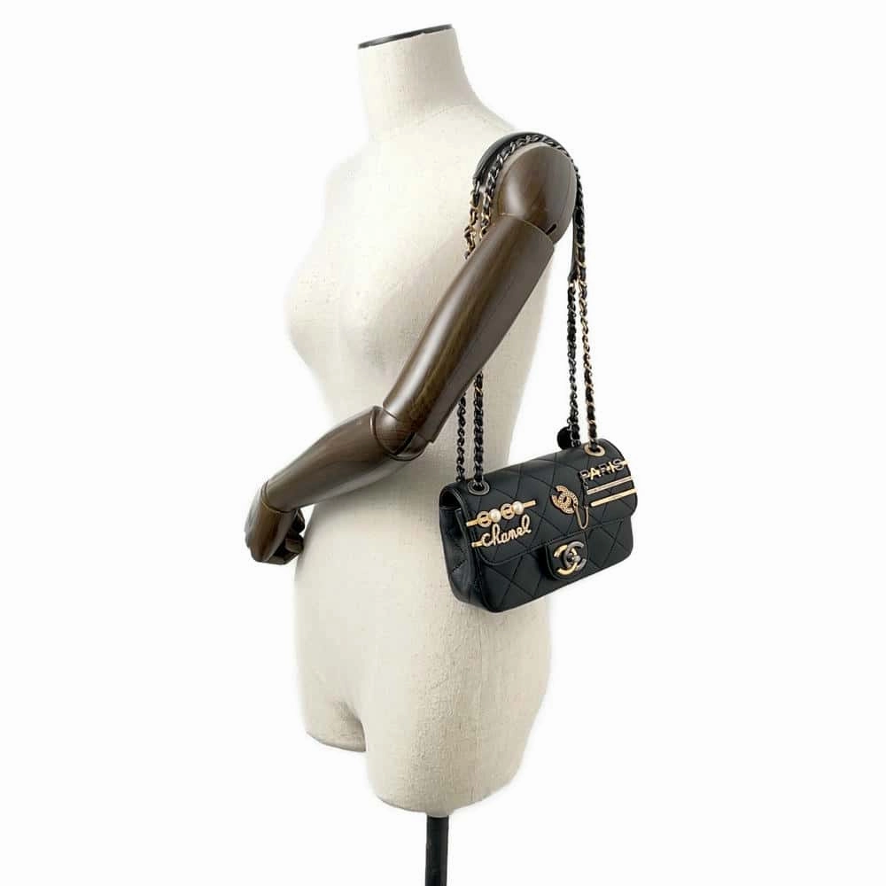 CHANEL Matelasse Bag Charm Single Flap Chain Shoulder BlackAS2978 Lambskin Size Mini