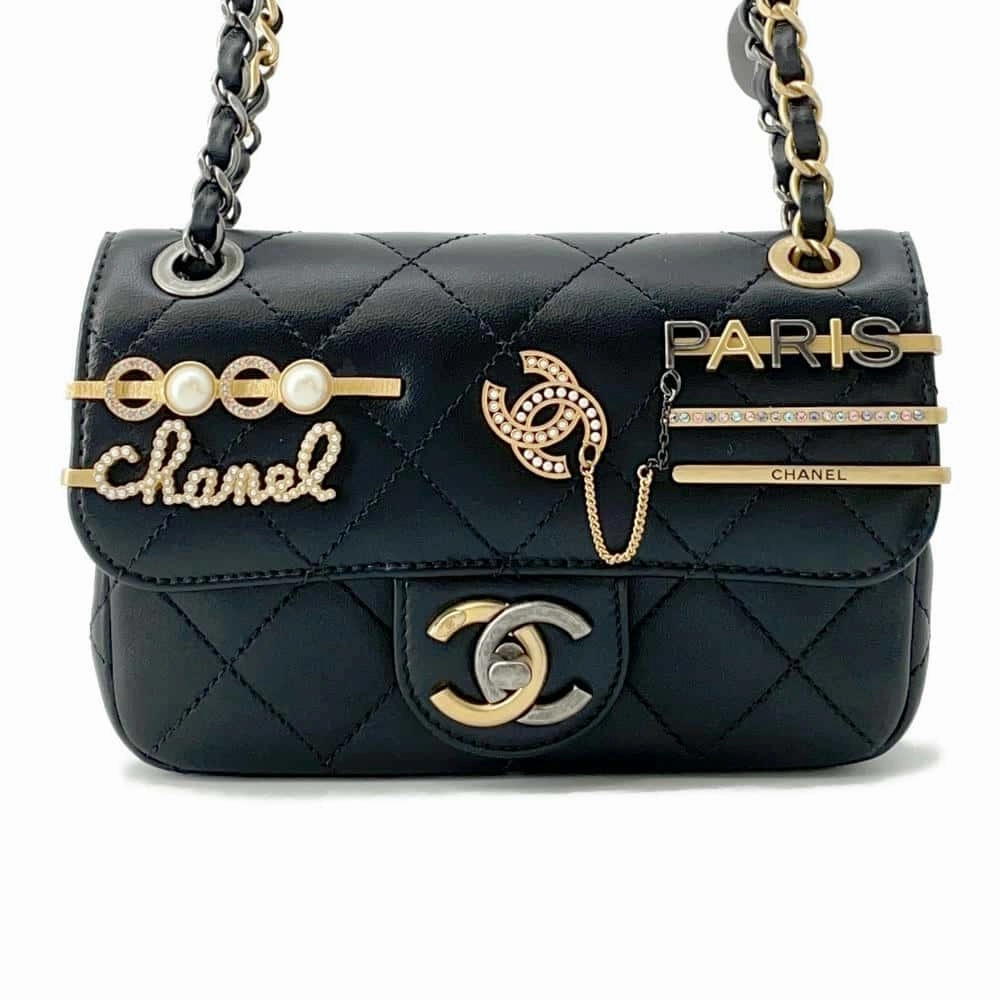 CHANEL Matelasse Bag Charm Single Flap Chain Shoulder BlackAS2978 Lambskin Size Mini